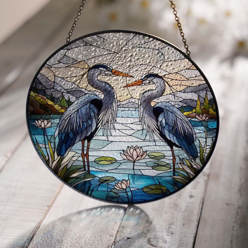 Blue Heron couple GLASS Suncatcher Hanging, Heron Window hanging, Suncatcher ornament, couple gift, Heron lover, Halloween gift