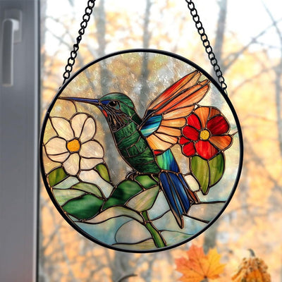 Hummingbird Faux Stained Glass Suncatcher, Bird Flower Glass Window Hanging, Anniversary Gift Birthday Gift, Christmas Gift, Gift For Mom