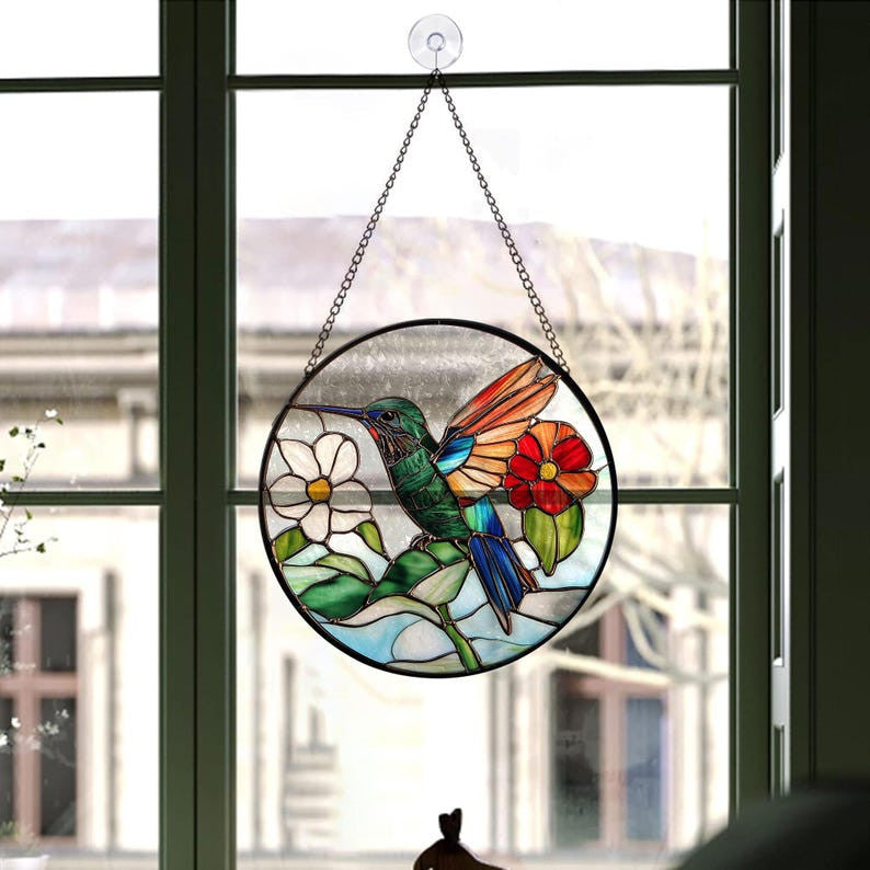 Hummingbird Faux Stained Glass Suncatcher, Bird Flower Glass Window Hanging, Anniversary Gift Birthday Gift, Christmas Gift, Gift For Mom