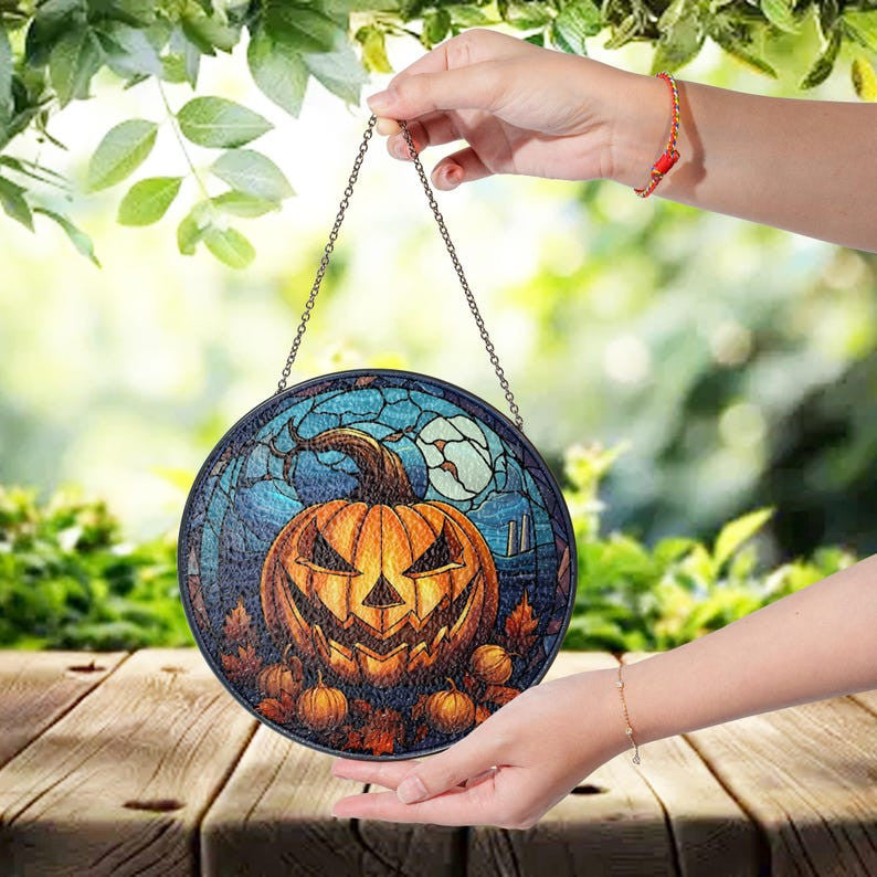 Faux Stained Glass Halloween Pumpkin & Wild Flowers Suncatcher – Festive Window Hanging, Spooky Wall Art, Indoor Decor, Perfect Halloween Gift