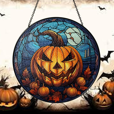 Faux Stained Glass Halloween Pumpkin & Wild Flowers Suncatcher – Festive Window Hanging, Spooky Wall Art, Indoor Decor, Perfect Halloween Gift