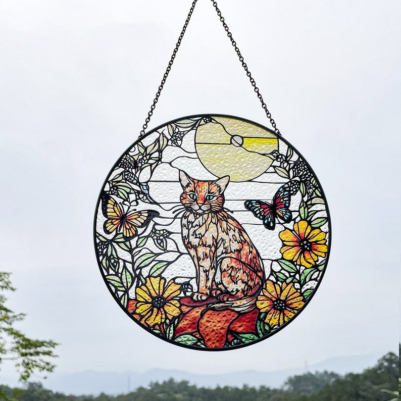 Orange Cat and Butterfly Faux Stained Glass Suncatcher for Window Hanging Decor Art Gift for Cat Lovers Wall Hanging Ornament Gift for Mom