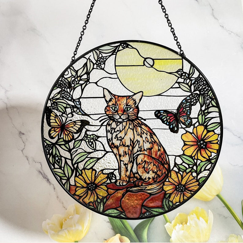 Orange Cat and Butterfly Faux Stained Glass Suncatcher for Window Hanging Decor Art Gift for Cat Lovers Wall Hanging Ornament Gift for Mom