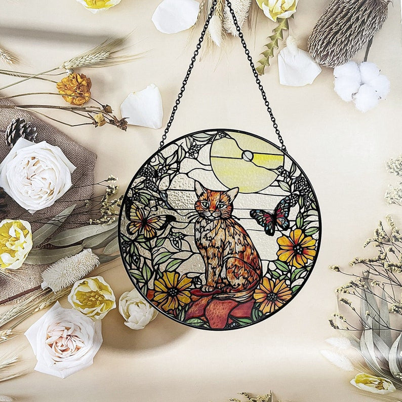 Orange Cat and Butterfly Faux Stained Glass Suncatcher for Window Hanging Decor Art Gift for Cat Lovers Wall Hanging Ornament Gift for Mom
