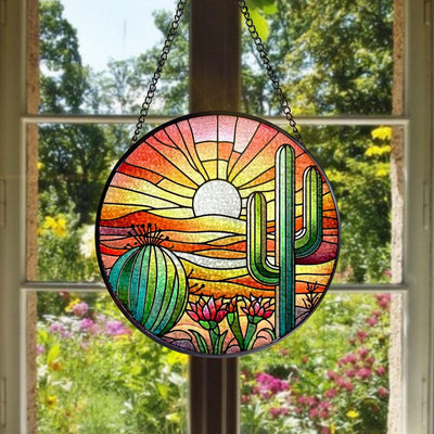 Sunset in Desert With Cactus Succulent Plants Faux Stained Glass Suncatcher - Perfect Gifts for Women, Window Hanging, Indoor Decor, Sun Catcher