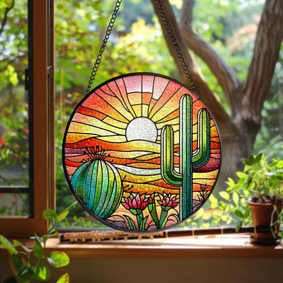 Sunset in Desert With Cactus Succulent Plants Faux Stained Glass Suncatcher - Perfect Gifts for Women, Window Hanging, Indoor Decor, Sun Catcher