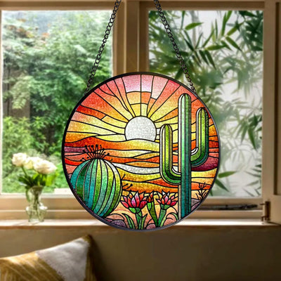 Sunset in Desert With Cactus Succulent Plants Faux Stained Glass Suncatcher - Perfect Gifts for Women, Window Hanging, Indoor Decor, Sun Catcher