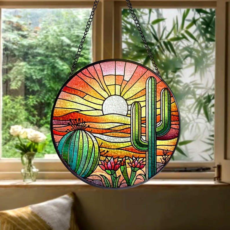 Sunset in Desert With Cactus Succulent Plants Faux Stained Glass Suncatcher - Perfect Gifts for Women, Window Hanging, Indoor Decor, Sun Catcher