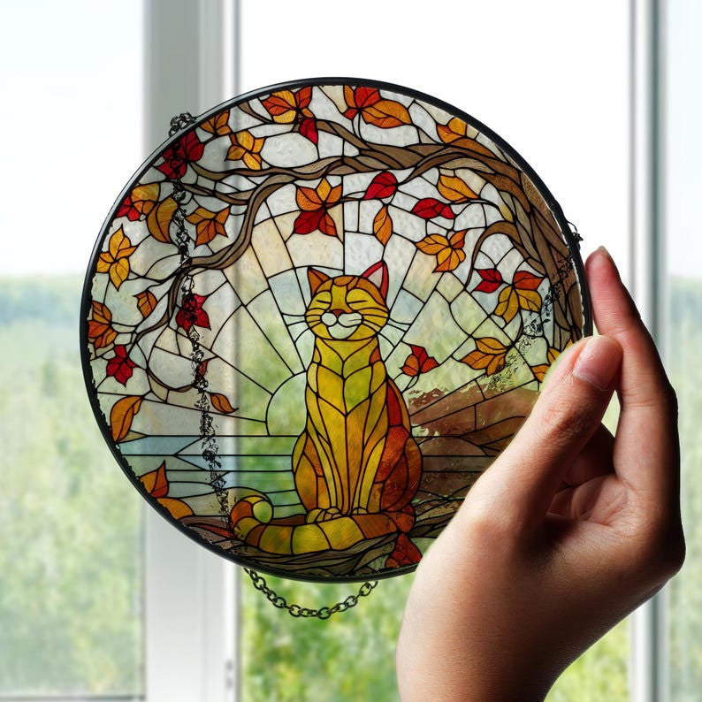 Wonder Time of the year GLASS Window Hanging, Autumn Suncatcher Window hanging, Orange cat suncatcher, Cat lover gift, Thanksgiving gift