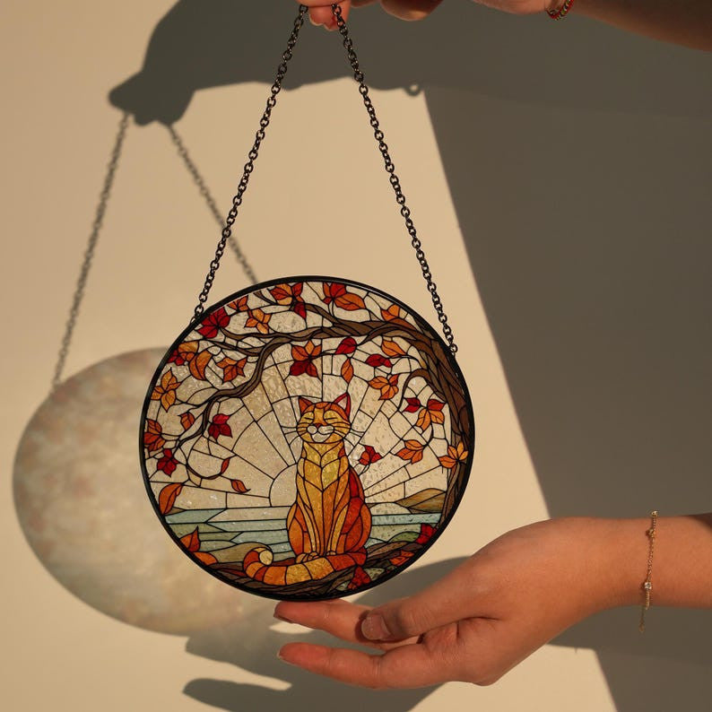 Wonder Time of the year GLASS Window Hanging, Autumn Suncatcher Window hanging, Orange cat suncatcher, Cat lover gift, Thanksgiving gift