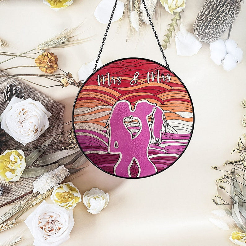 Mrs and Mrs Faux Stained Glass Suncatcher for Window Hanging Decor Art Gift for LGBT lesbian Wall Hanging Ornament Gift Idea Her and Her