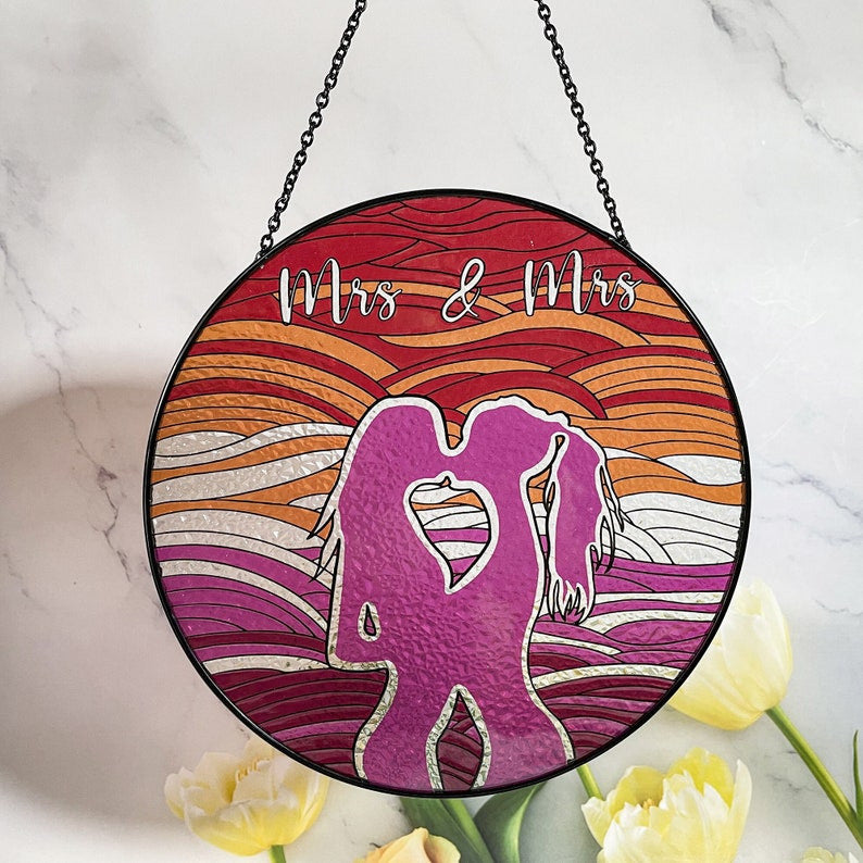Mrs and Mrs Faux Stained Glass Suncatcher for Window Hanging Decor Art Gift for LGBT lesbian Wall Hanging Ornament Gift Idea Her and Her