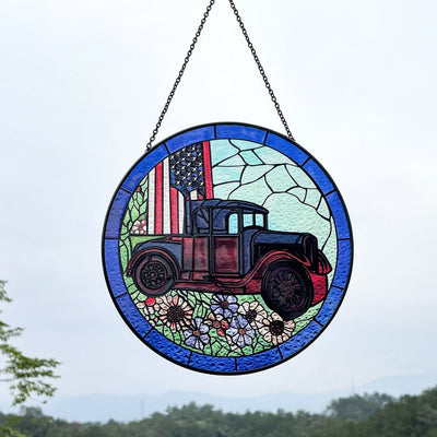 US Flag Classic Car Faux Stained Glass Suncatcher for Window Hanging Gift for Veteran 4th of July Wall Hanging Patriotic Ornament Gift Idea