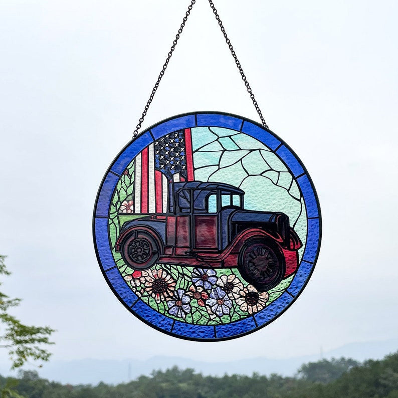 US Flag Classic Car Faux Stained Glass Suncatcher for Window Hanging Gift for Veteran 4th of July Wall Hanging Patriotic Ornament Gift Idea