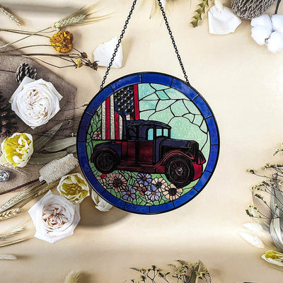 US Flag Classic Car Faux Stained Glass Suncatcher for Window Hanging Gift for Veteran 4th of July Wall Hanging Patriotic Ornament Gift Idea