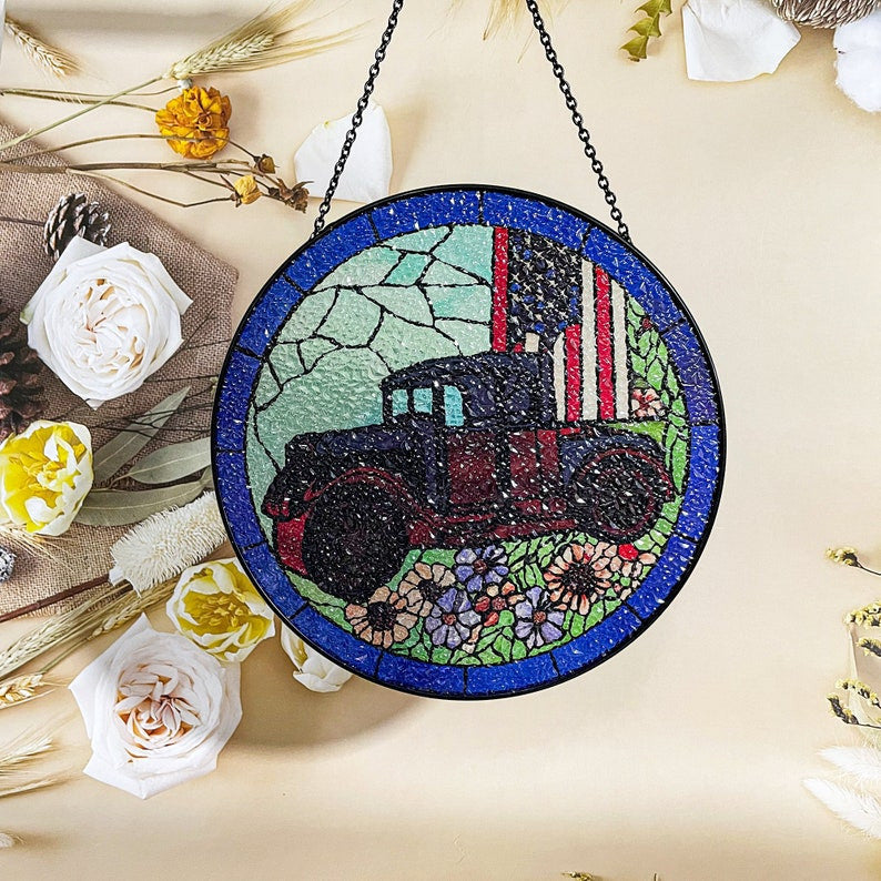 US Flag Classic Car Faux Stained Glass Suncatcher for Window Hanging Gift for Veteran 4th of July Wall Hanging Patriotic Ornament Gift Idea
