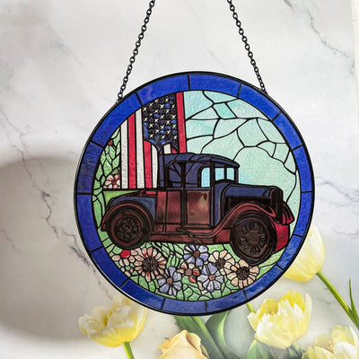 US Flag Classic Car Faux Stained Glass Suncatcher for Window Hanging Gift for Veteran 4th of July Wall Hanging Patriotic Ornament Gift Idea