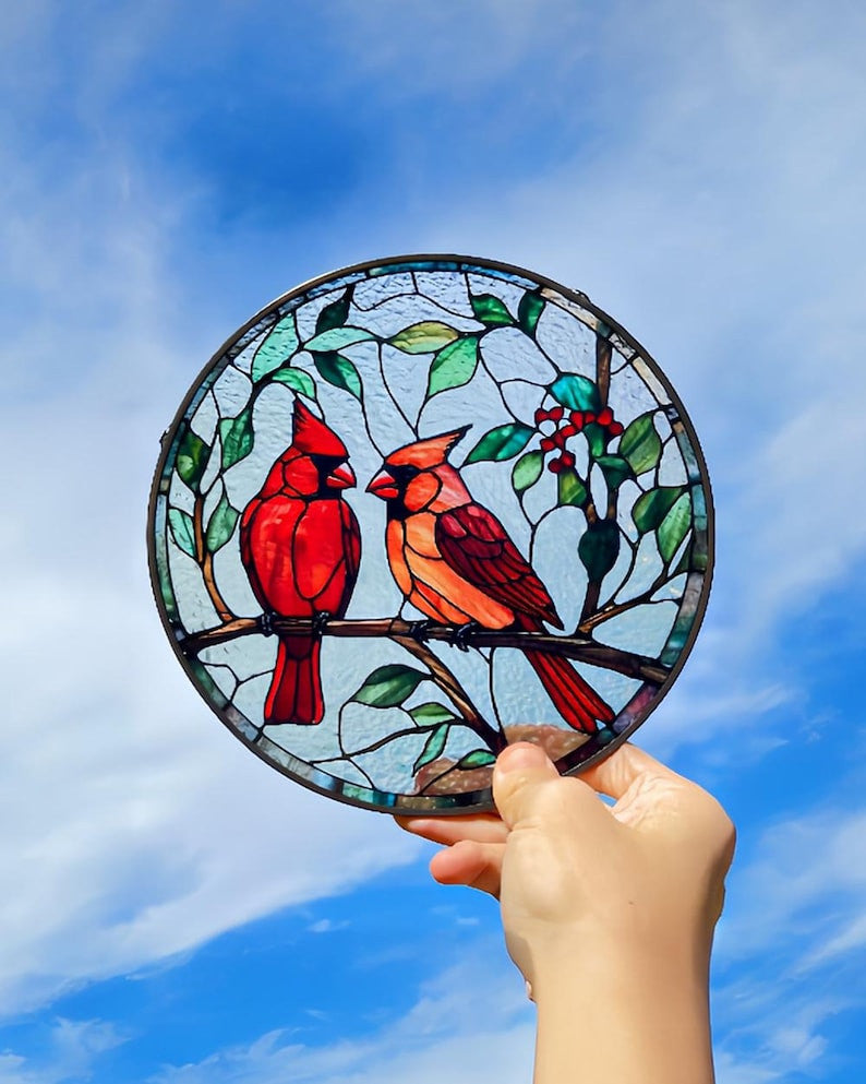 Northern Cardinals in Love Faux Stained Glass Style Suncatcher | Window Decor Home Decoration | Gift for Bird and Nature Lovers for Mother's Day