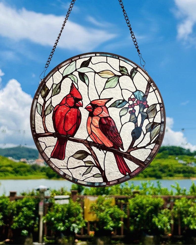 Northern Cardinals in Love Faux Stained Glass Style Suncatcher | Window Decor Home Decoration | Gift for Bird and Nature Lovers for Mother's Day