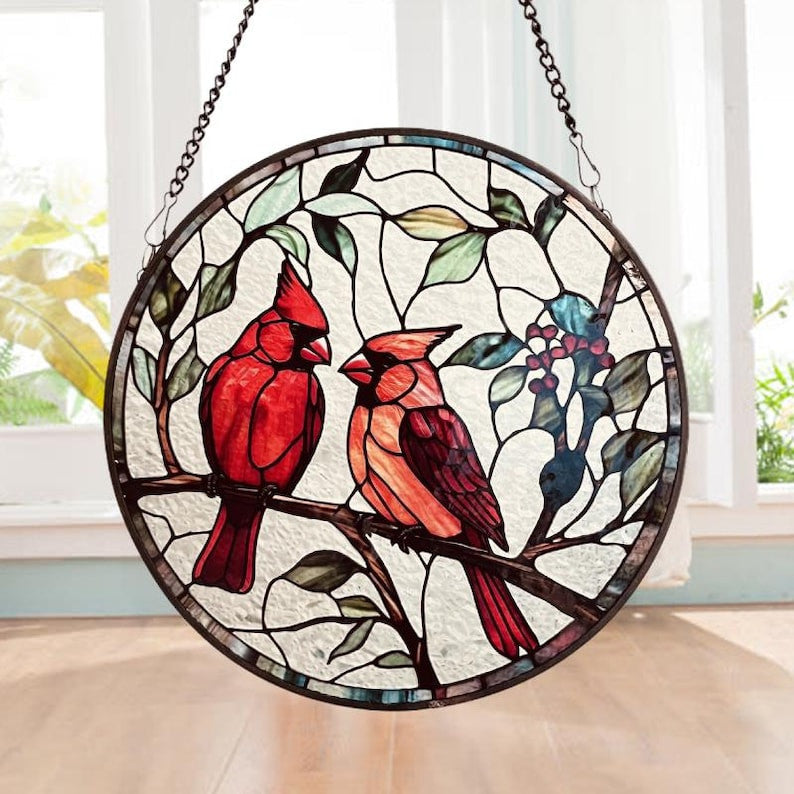 Northern Cardinals in Love Faux Stained Glass Style Suncatcher | Window Decor Home Decoration | Gift for Bird and Nature Lovers for Mother's Day