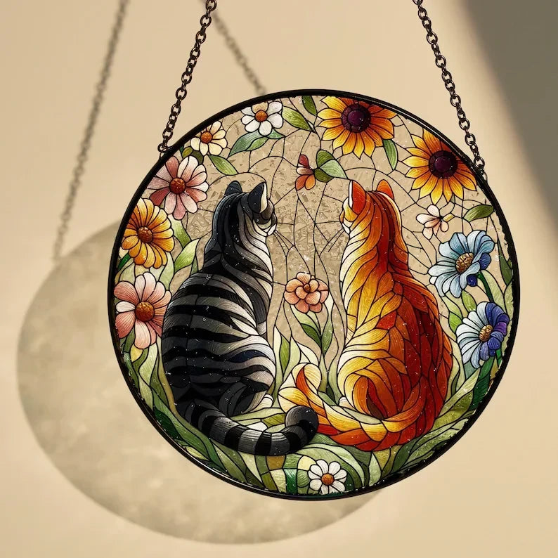 Glass 2 cats flower garden Hanging, cat lover gift, cat Suncatcher, Cat glass ornament, couple gift, perfect gift for cat owners