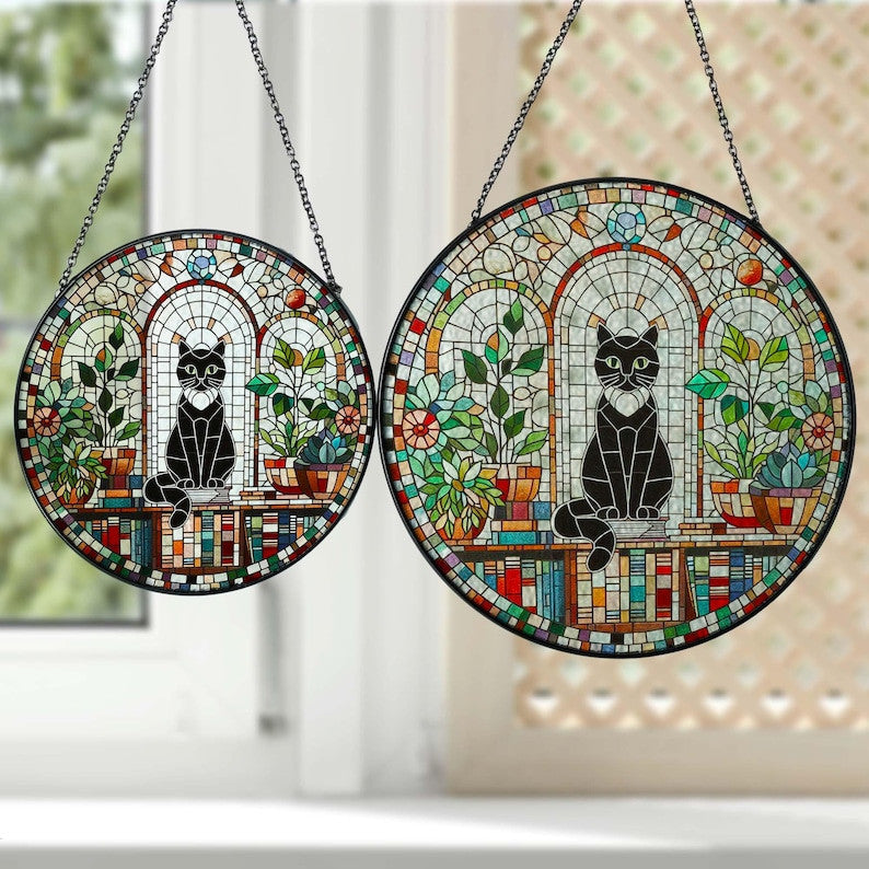 Cottage Black cat in Library Glass Suncatcher, Cottage library window hanging, Reading lover gift, Library decor, librarian gift