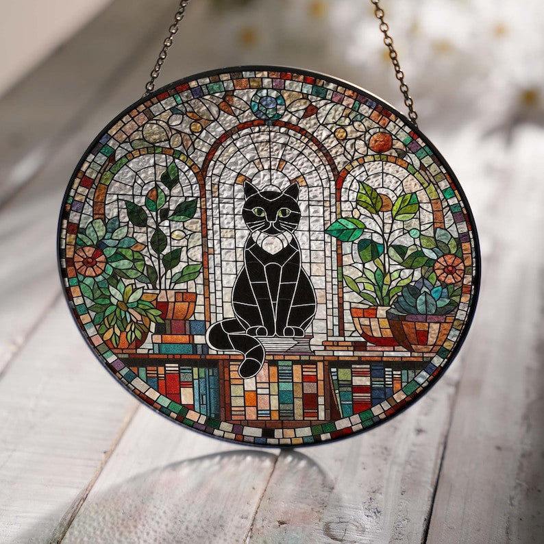 Cottage Black cat in Library Glass Suncatcher, Cottage library window hanging, Reading lover gift, Library decor, librarian gift
