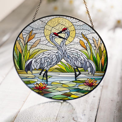Glass Sandhill crane couple Window Hanging, bird lover gift, bird glass, couple gift, sandhill crane bird glass hanging, Bird watching gift