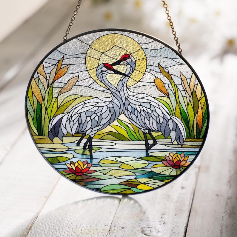 Glass Sandhill crane couple Window Hanging, bird lover gift, bird glass, couple gift, sandhill crane bird glass hanging, Bird watching gift