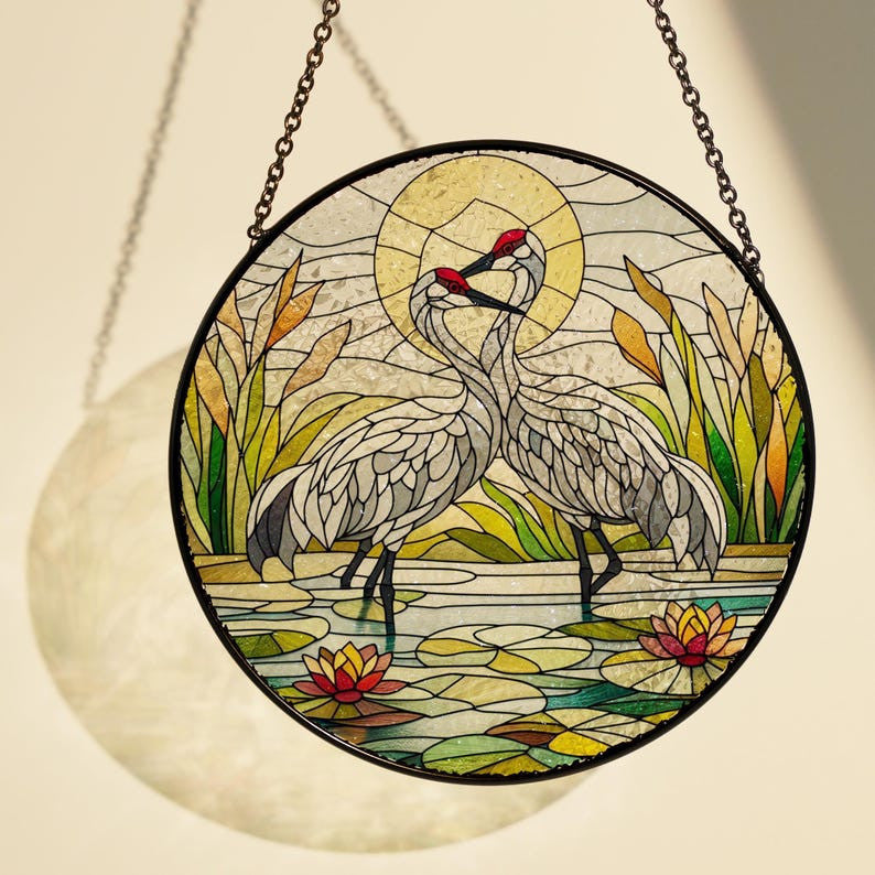 Glass Sandhill crane couple Window Hanging, bird lover gift, bird glass, couple gift, sandhill crane bird glass hanging, Bird watching gift
