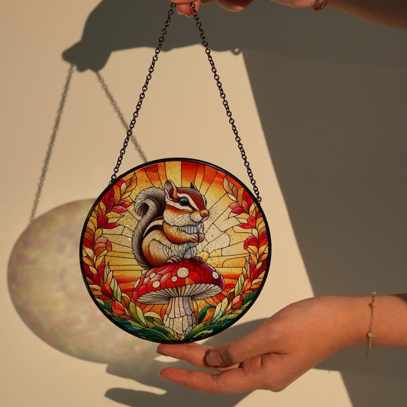 Chipmunk and mushroom Glass Window hanging, Chipmunk glass suncatcher ornament, cottagecore, Wildlife Animal, Thanksgiving gift