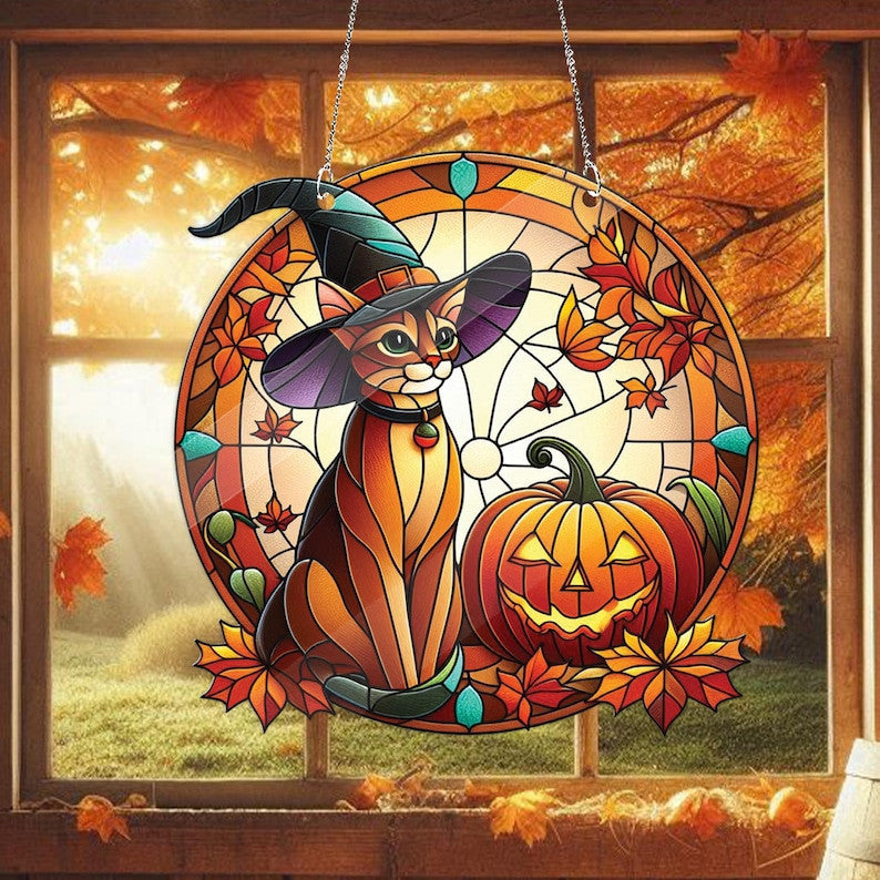 Abyssinia Cat Witch Halloween Acrylic Window Hanging, Halloween Decoration, Abyssinia Lovers Gift, Halloween Decor, Cat Mom Gift, Not Glass