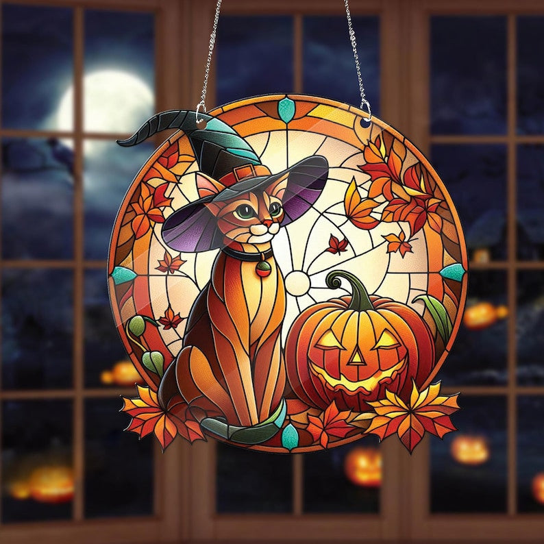 Abyssinia Cat Witch Halloween Acrylic Window Hanging, Halloween Decoration, Abyssinia Lovers Gift, Halloween Decor, Cat Mom Gift, Not Glass
