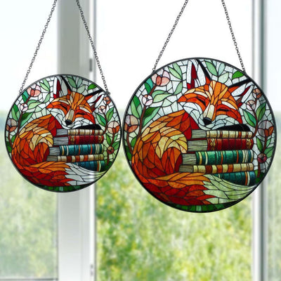 Fox Sleep Over Bookstack Glass Suncatcher, Autumn Fall Suncatcher, Reading Lover Gift, Fox Lover, Library Decor, Reader Gift