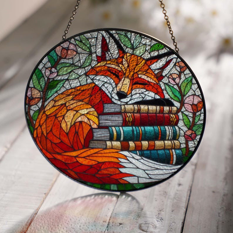 Fox Sleep Over Bookstack Glass Suncatcher, Autumn Fall Suncatcher, Reading Lover Gift, Fox Lover, Library Decor, Reader Gift