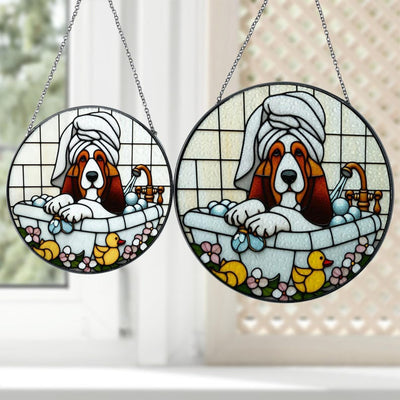 Basset Hound In Bathroom Glass Window Hanging, Dog Suncatcher, Basset Hound Bathroom Decor, Dog Lover Gift, Gift For Kids
