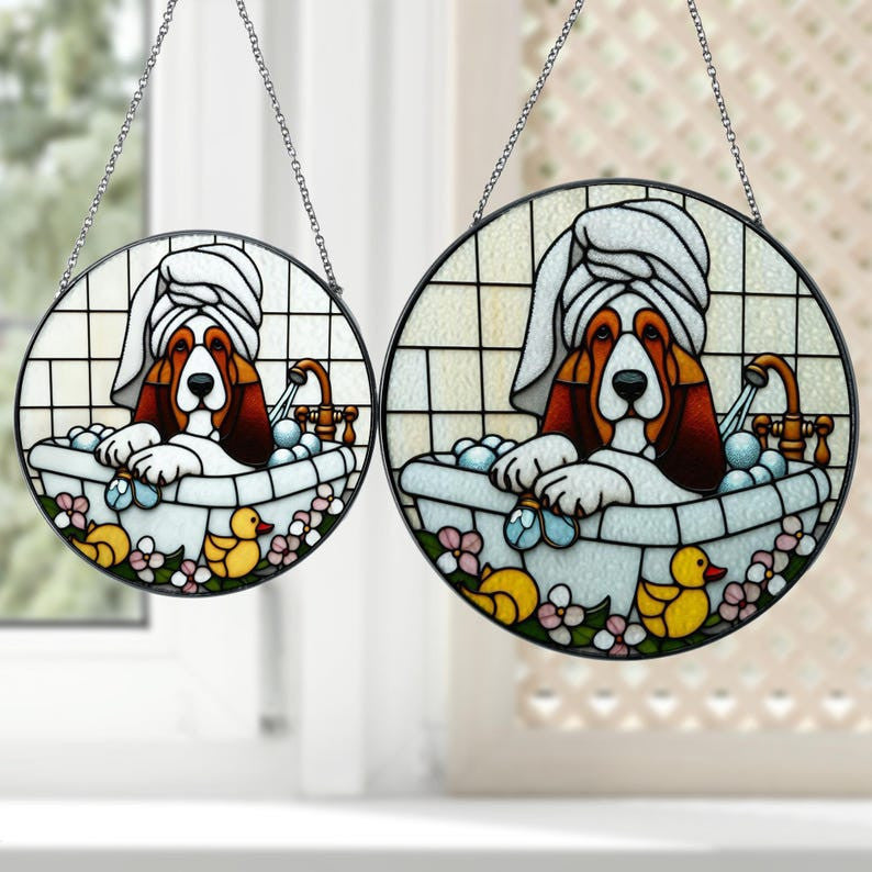 Basset Hound In Bathroom Glass Window Hanging, Dog Suncatcher, Basset Hound Bathroom Decor, Dog Lover Gift, Gift For Kids
