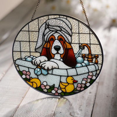 Basset Hound In Bathroom Glass Window Hanging, Dog Suncatcher, Basset Hound Bathroom Decor, Dog Lover Gift, Gift For Kids
