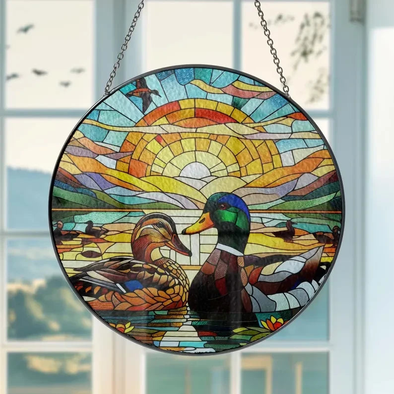 Glass Mallard Duck Couple On Lake Hanging, Duck Lover Gift, Mallard Duck Glass, Hunting Gift, Mallard Duck Suncatcher, Couple Gift