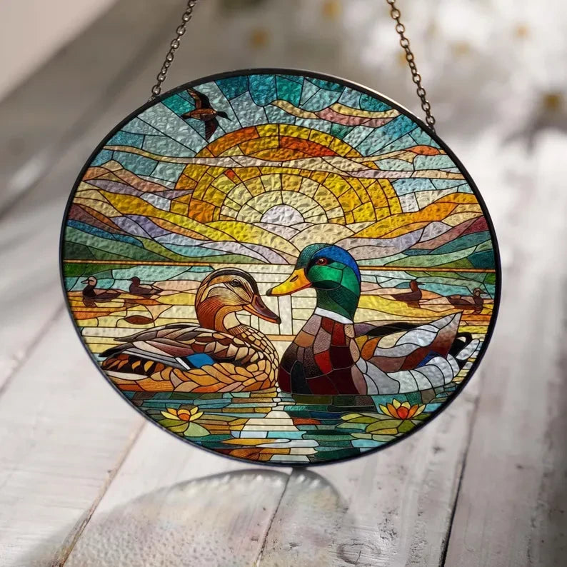 Glass Mallard Duck Couple On Lake Hanging, Duck Lover Gift, Mallard Duck Glass, Hunting Gift, Mallard Duck Suncatcher, Couple Gift