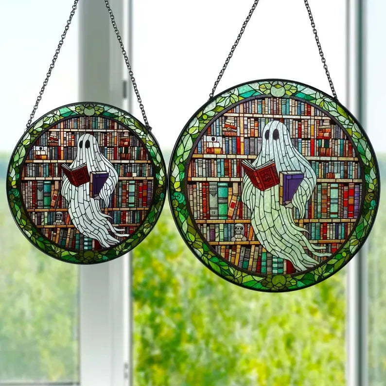Spooky Ghost In Library Glass Suncatcher, Cottage Library Window Hanging, Reading Lover Gift, Library Decor, Librarian Gift, Halloween Decor