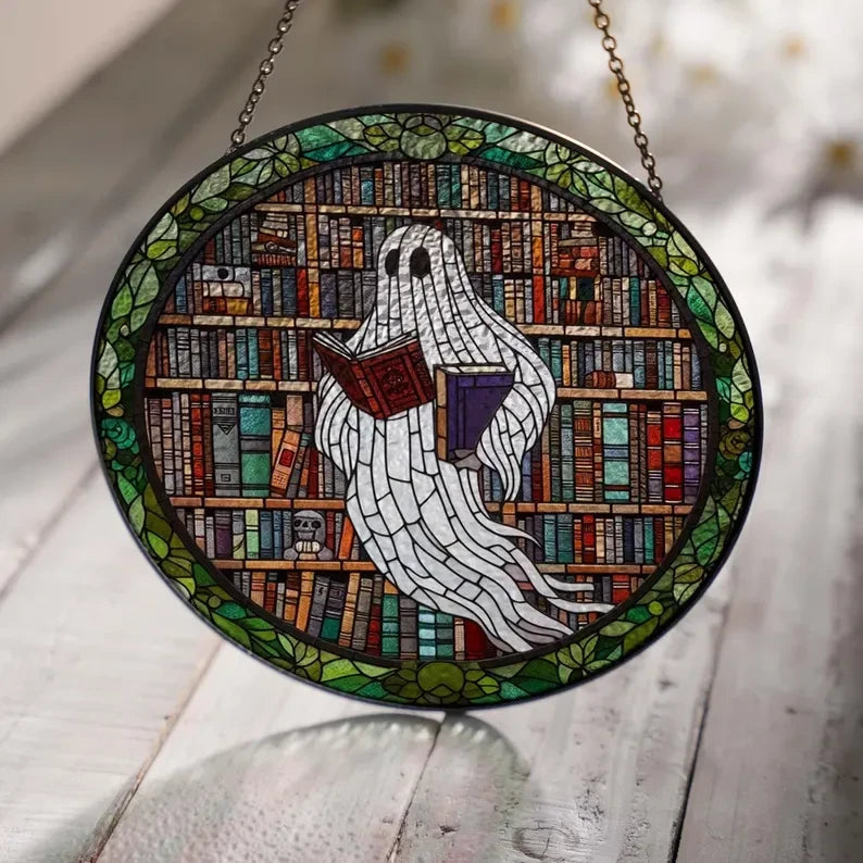 Spooky Ghost In Library Glass Suncatcher, Cottage Library Window Hanging, Reading Lover Gift, Library Decor, Librarian Gift, Halloween Decor