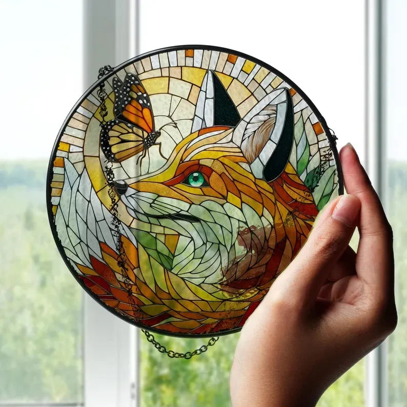 Fox And Monarch Glass Window Hanging, Fox Glass Suncatcher Ornament, Fox Lover Gift, Wildlife Animal, Thanksgiving Gift, Gift For Kids