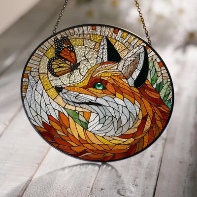 Fox And Monarch Glass Window Hanging, Fox Glass Suncatcher Ornament, Fox Lover Gift, Wildlife Animal, Thanksgiving Gift, Gift For Kids