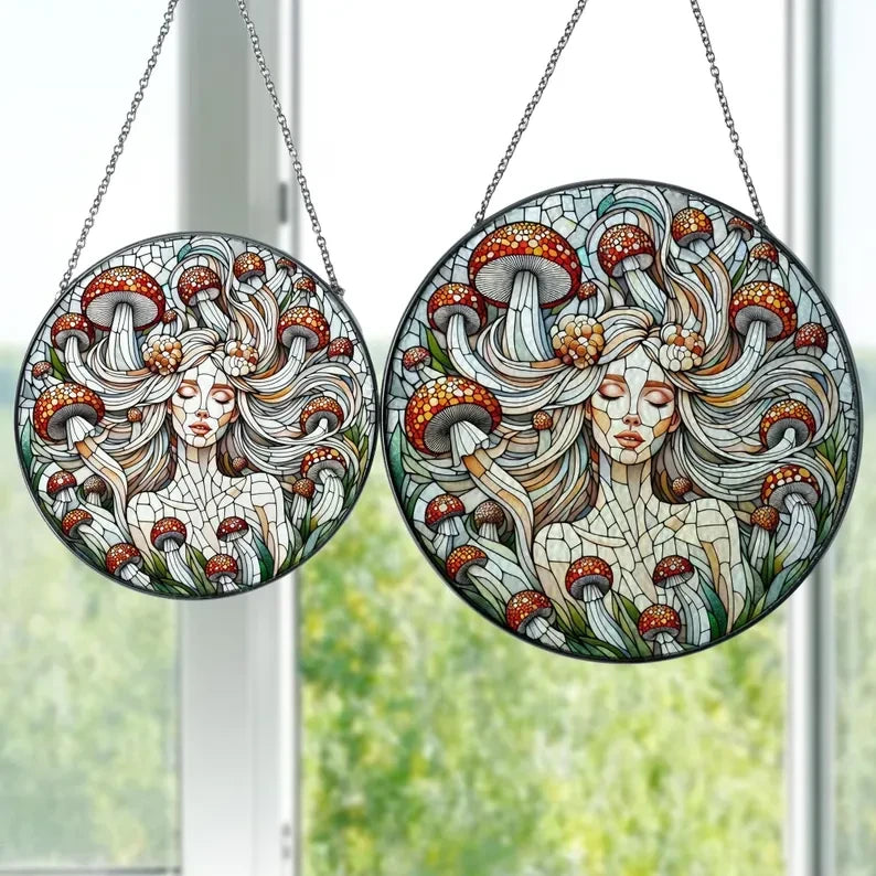 Glass Mushroom Girl Hanging, Cottagecore Home Decor, Botanical Mushroom Suncatcher, Mushroom Hunter Gift, Mushroom Lover Gift