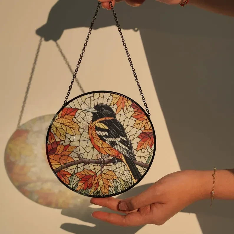 Glass Baltimore Oriole On Autumn Branch Hanging, Baltimore Oriole Glass,Fall Vibes, Thanksgiving Gift, Baltimore Oriole Lover, Bird Nerd