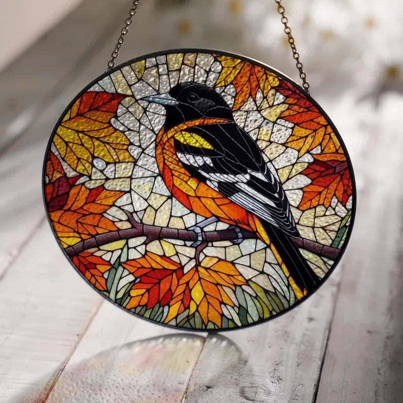Glass Baltimore Oriole On Autumn Branch Hanging, Baltimore Oriole Glass,Fall Vibes, Thanksgiving Gift, Baltimore Oriole Lover, Bird Nerd