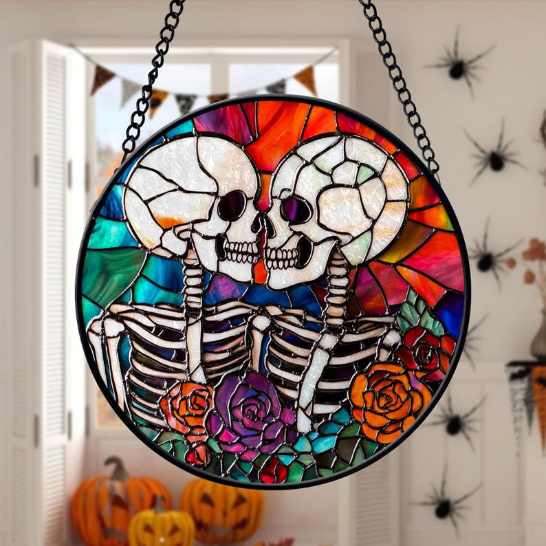 Skeleton Couple Glass Suncatcher, Gothic Wedding Decor, Halloween Wedding Decor, Halloween Wedding Gifts, Halloween Decor, Gothic Couple