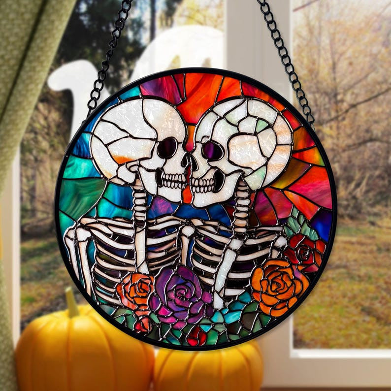 Skeleton Couple Glass Suncatcher, Gothic Wedding Decor, Halloween Wedding Decor, Halloween Wedding Gifts, Halloween Decor, Gothic Couple