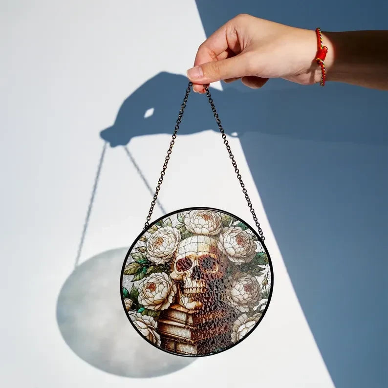 Skull On Bookstack Glass Suncatcher, Dark Academia, Reading Lover Gift, Library Decor, Librarian Gift, Halloween Decor, Floral Book